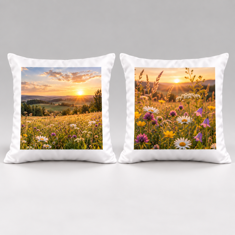 Fotokissen 35 × 35 cm mit unterschiedlichen Fotomotiven auf Vorder- und Rückseite
