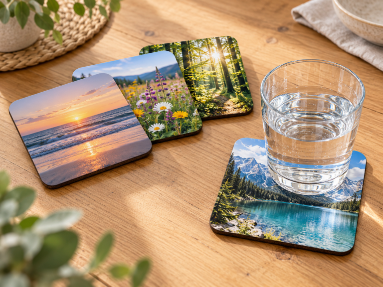 Personalisierte Foto-Untersetzer mit verschiedenen Naturmotiven