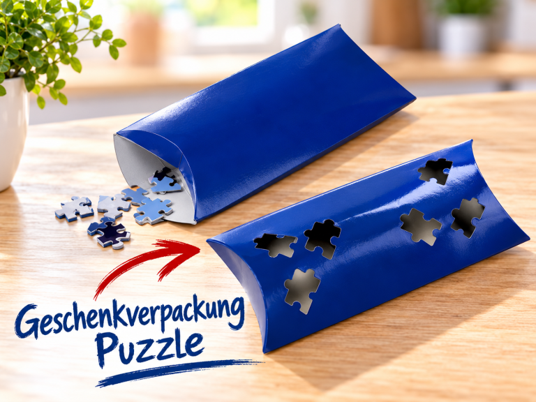 Glänzende Puzzle-Geschenkverpackung auf Holztisch