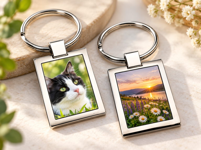 Personalisierte Metall-Schlüsselanhänger mit Tierfoto und Landschaftsmotiv