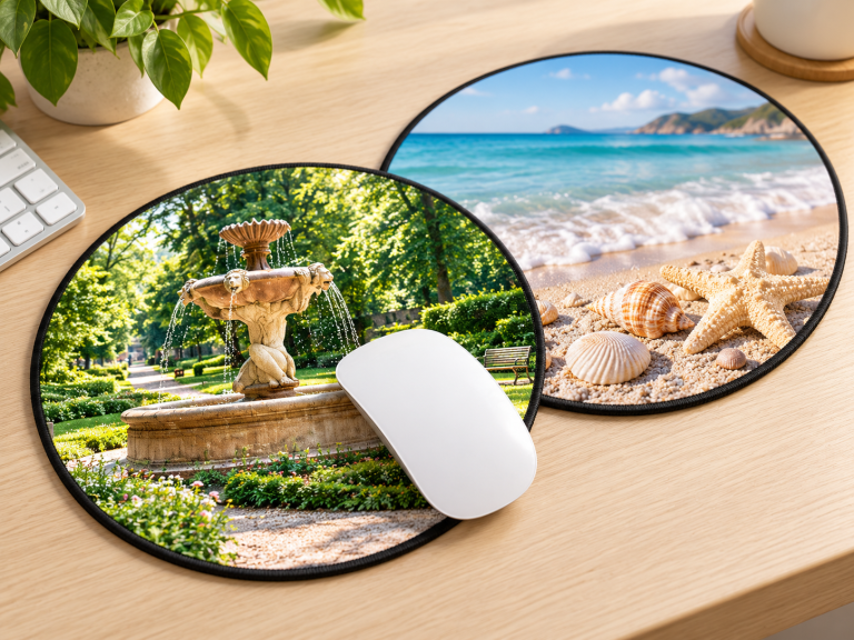 Runde Textil-Mousepads mit individuellem Brunnen- und Strandmotiv