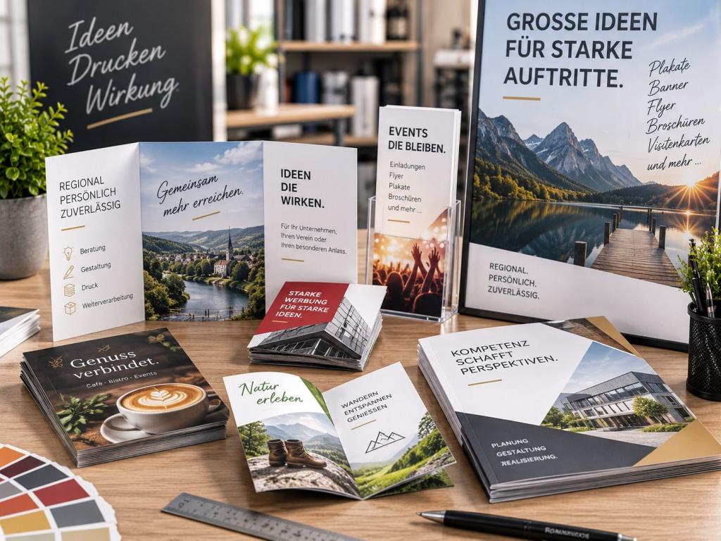 Auswahl von Flyern, Faltblättern, Broschüren und Plakaten