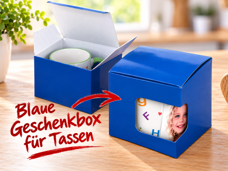 Blaue Geschenkboxen für Tassen