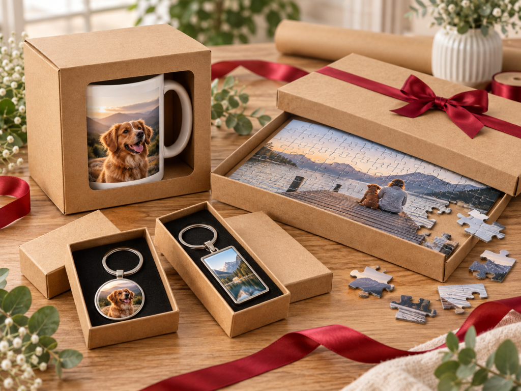 Geschenkverpackungen für Fototasse, Fotopuzzle und Metall-Schlüsselanhänger