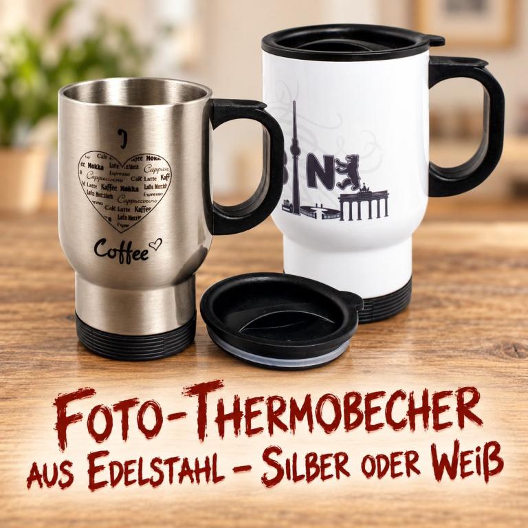 Foto-Thermobecher aus Edelstahl in Silber und Weiß