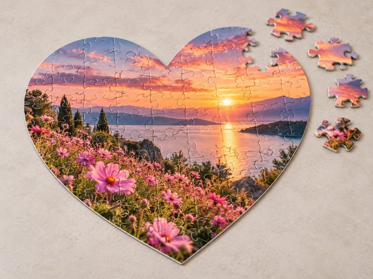 Individuell bedrucktes Fotopuzzle in Herzform mit Sonnenuntergangsmotiv
