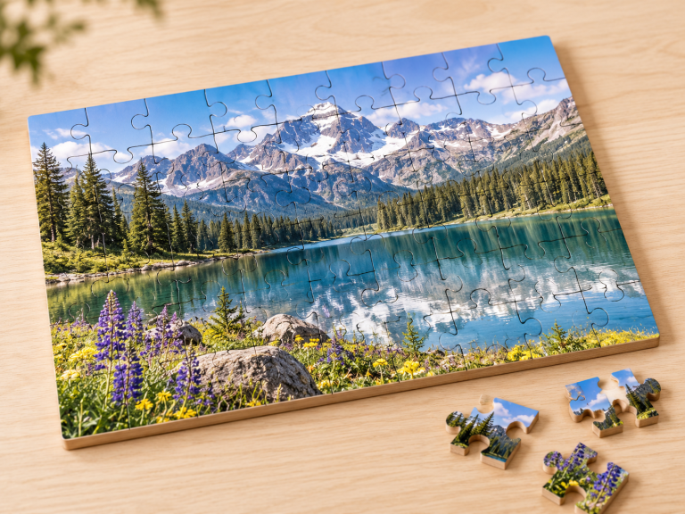 Individuell bedrucktes Fotopuzzle aus Holz mit Landschaftsmotiv