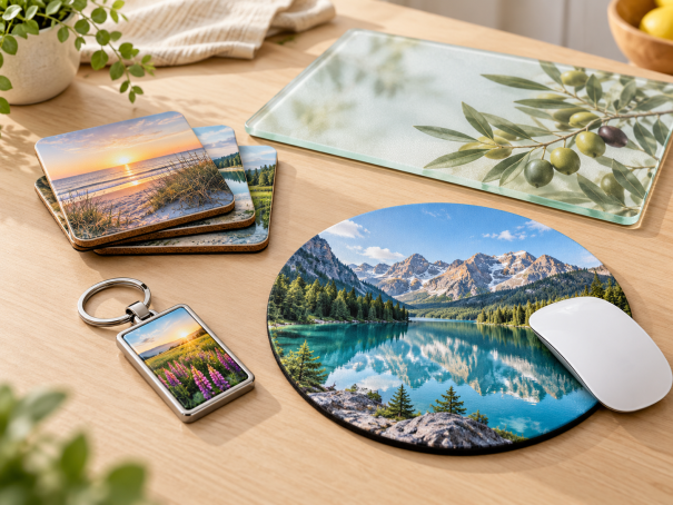Praktische Fotogeschenke mit Schlüsselanhänger, Mousepad, Untersetzern und Glasschneidebrett